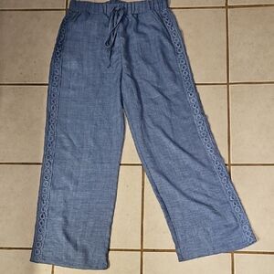 Blue Wide-Leg Pants with Lace Trim W / Pockets